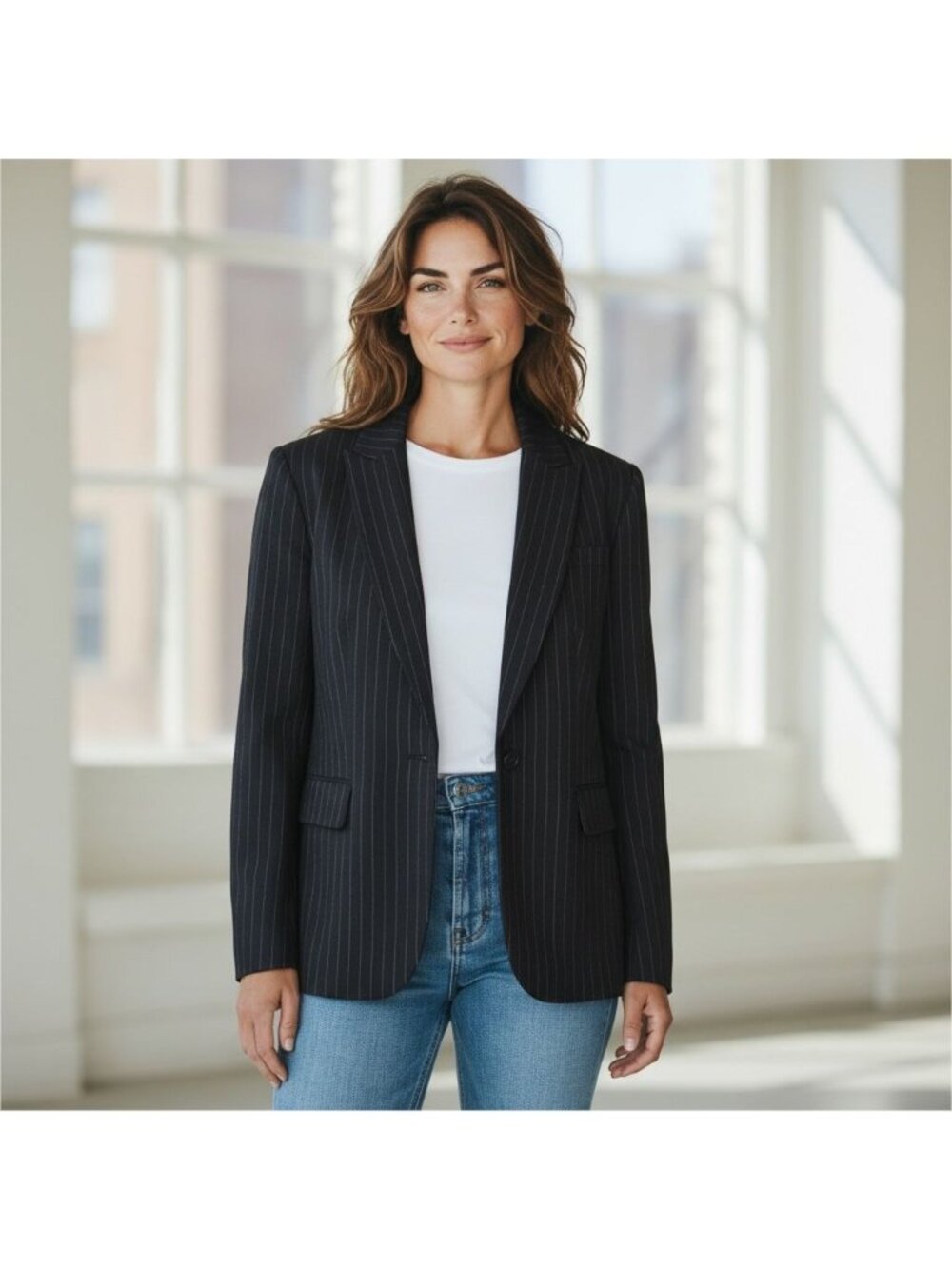 Vtg Jones New York Womens Blazer Size 8 Black Pinstripe Single Breast Fitted 90s